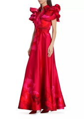 Badgley Mischka Belted Ruffled Floral Satin Gown