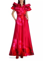 Badgley Mischka Belted Ruffled Floral Satin Gown