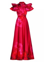 Badgley Mischka Belted Ruffled Floral Satin Gown