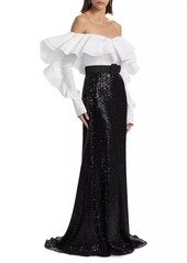 Badgley Mischka Belted Sequined Off-The-Shoulder Gown