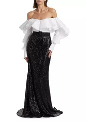 Badgley Mischka Belted Sequined Off-The-Shoulder Gown