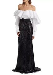 Badgley Mischka Belted Sequined Off-The-Shoulder Gown