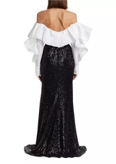 Badgley Mischka Belted Sequined Off-The-Shoulder Gown