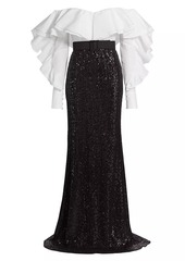 Badgley Mischka Belted Sequined Off-The-Shoulder Gown