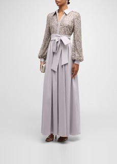 Badgley Mischka Blouson-Sleeve Sequin Shirt Gown