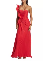 Badgley Mischka Botanical Leaf One-Shoulder Gown