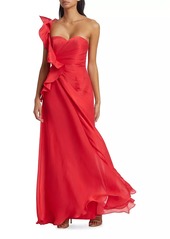 Badgley Mischka Botanical Leaf One-Shoulder Gown