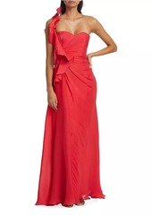 Badgley Mischka Botanical Leaf One-Shoulder Gown