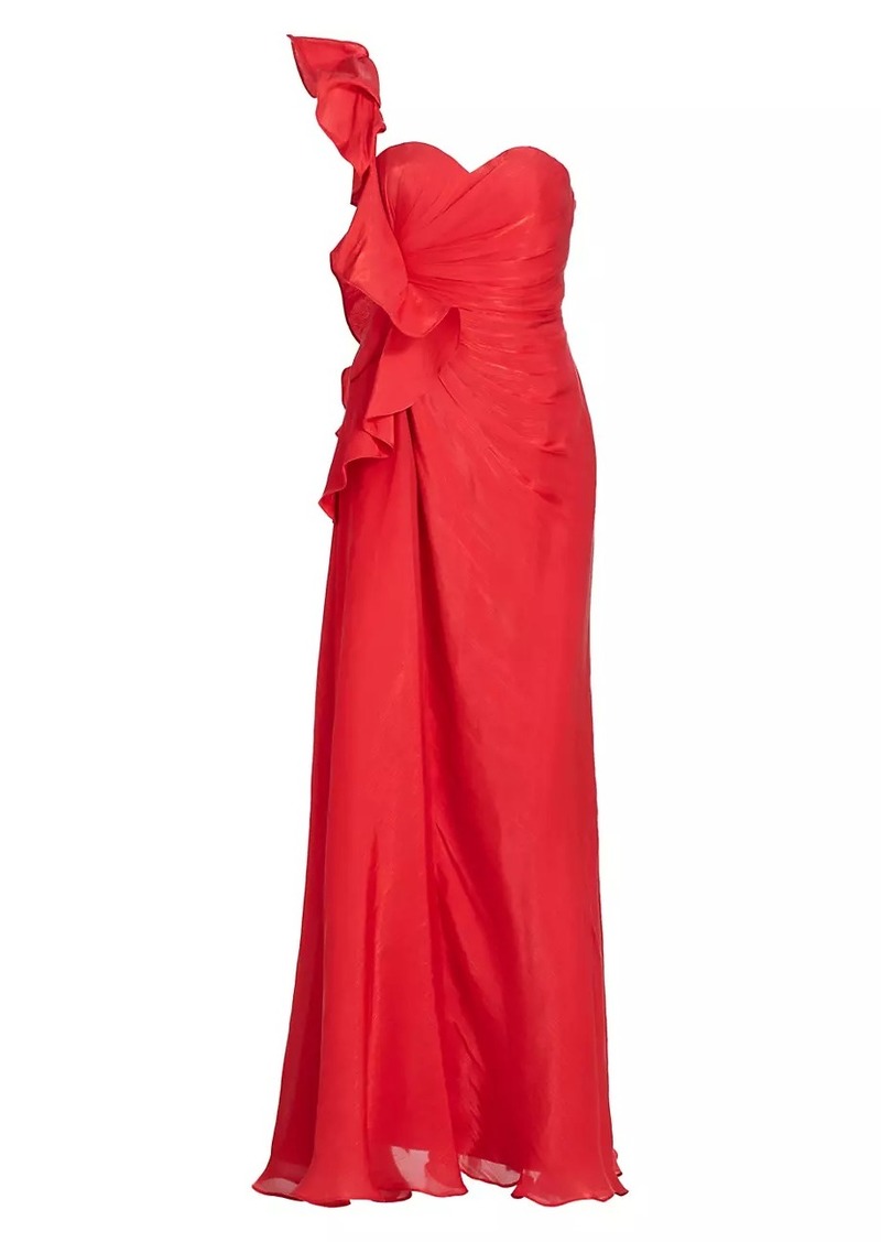 Badgley Mischka Botanical Leaf One-Shoulder Gown