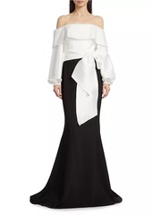 Badgley Mischka Contrast Tie-Waist Gown