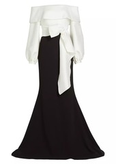 Badgley Mischka Contrast Tie-Waist Gown