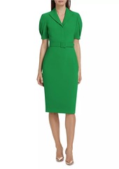 Badgley Mischka Crepe Short-Sleeve Belted Midi-Dress