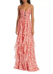 Badgley Mischka Embellished Floral Ruffled Gown