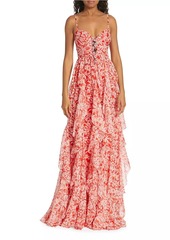 Badgley Mischka Embellished Floral Ruffled Gown