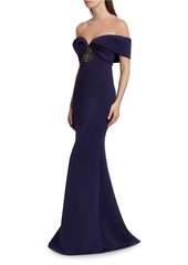 Badgley Mischka Embellished Scuba Off-The-Shoulder Gown