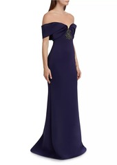 Badgley Mischka Embellished Scuba Off-The-Shoulder Gown