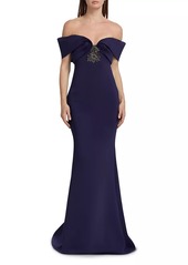 Badgley Mischka Embellished Scuba Off-The-Shoulder Gown