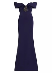 Badgley Mischka Embellished Scuba Off-The-Shoulder Gown