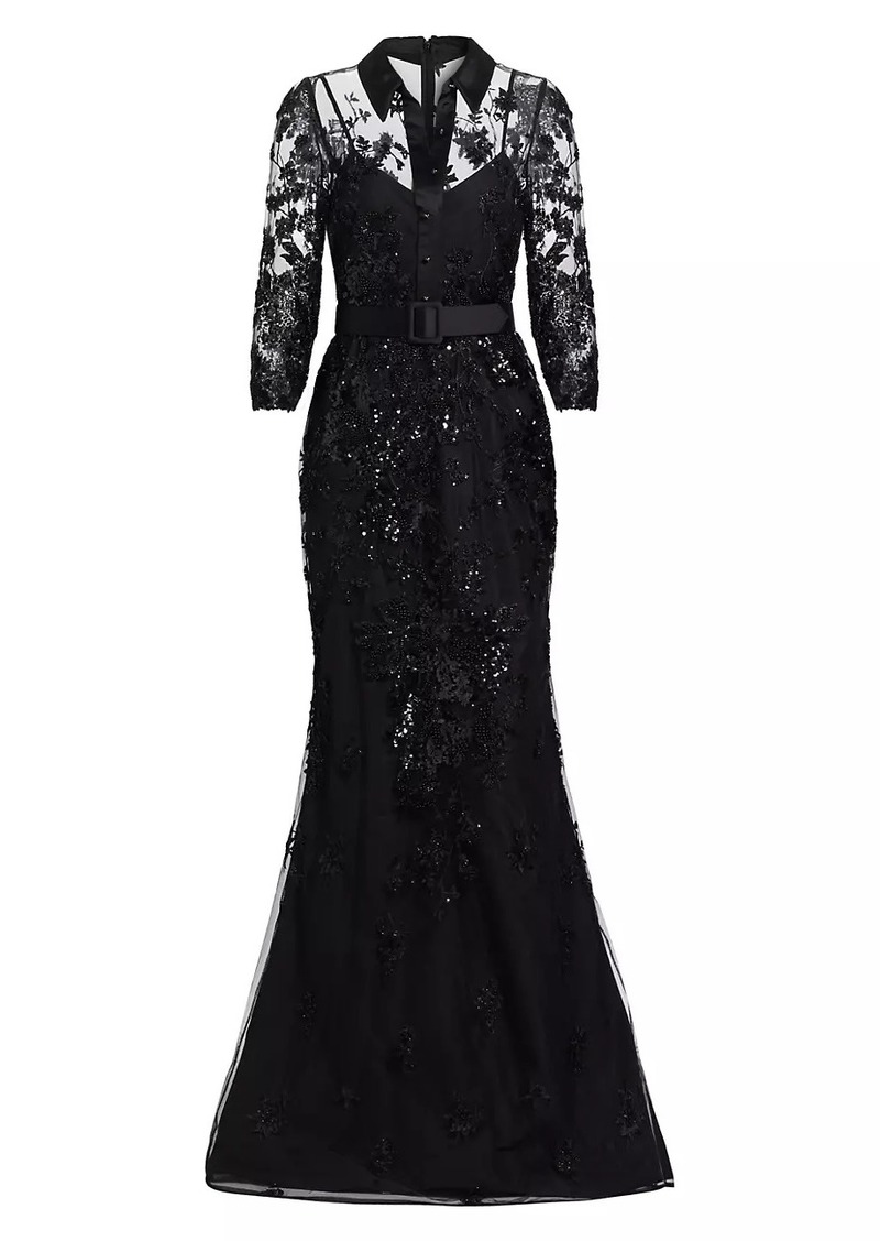 Badgley Mischka Embellished Shirt Mermaid Gown