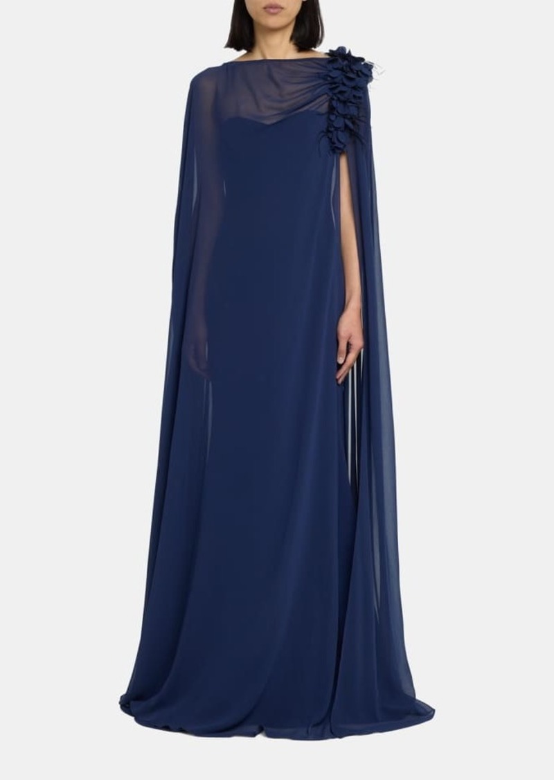 Badgley Mischka Feather-Embellished Floral Cape Gown