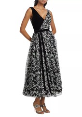 Badgley Mischka Floral Bow Pleated Gown