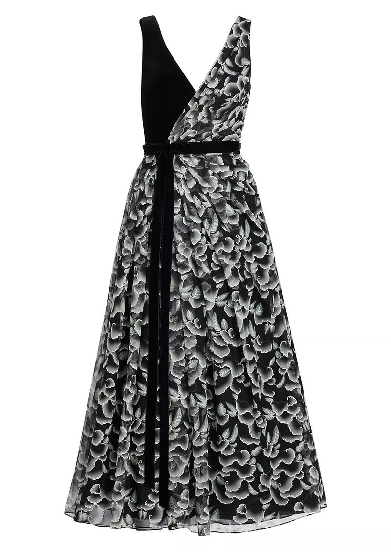 Badgley Mischka Floral Bow Pleated Gown