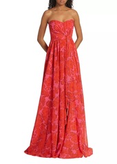 Badgley Mischka Floral Draped Strapless Gown