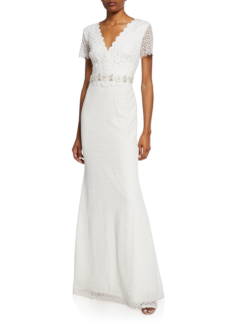 Floral Lace V-Neck Short-Sleeve Gown w/ Jeweled Belt