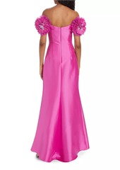 Badgley Mischka Floral Satin Off-the-Shoulder Gown