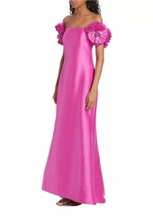 Badgley Mischka Floral Satin Off-the-Shoulder Gown