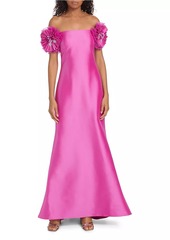 Badgley Mischka Floral Satin Off-the-Shoulder Gown