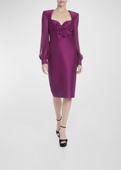 Badgley Mischka Illusion-Sleeve Sweetheart Mikado Midi Dress