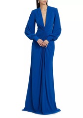 Badgley Mischka Jersey Long-Sleeve Plunge Gown