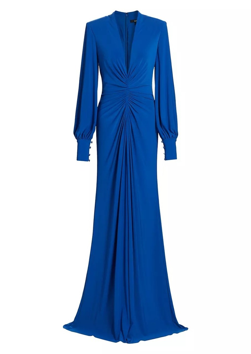 Badgley Mischka Jersey Long-Sleeve Plunge Gown