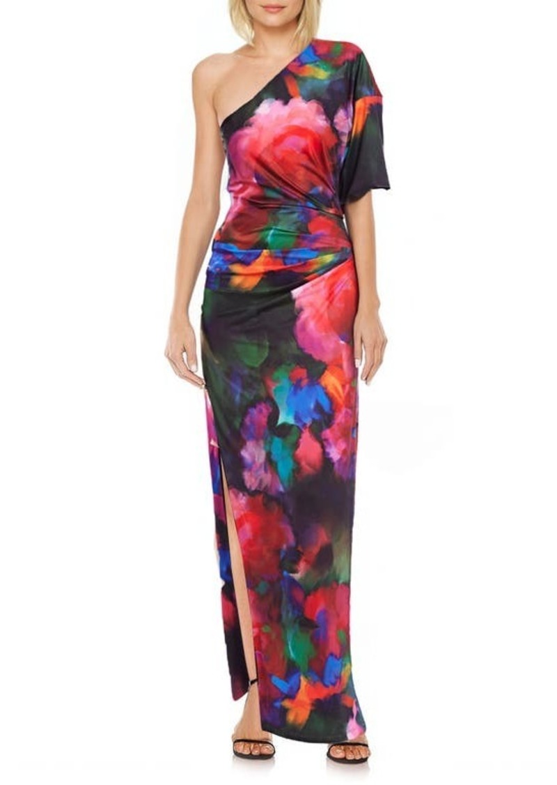 Jewel Badgley Mischka Floral One-Shoulder Knit Column Gown