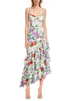Jewel Badgley Mischka Floral Ruffle Detail Asymmetric Midi Dress
