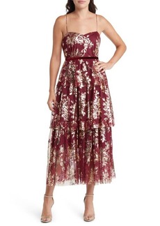 Jewel Badgley Mischka Metallic Floral Tiered Tulle Cocktail Dress
