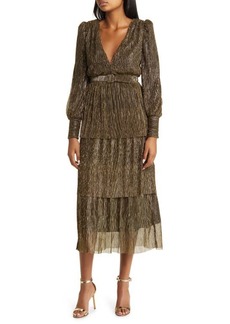 Jewel Badgley Mischka Metallic Long Sleeve Tiered Cocktail Midi Dress