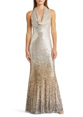 Jewel Badgley Mischka Ombré Sequin Cowl Halter Neck Gown