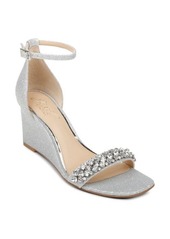 Jewel Badgley Mischka Peggy Ankle Strap Wedge Sandal in Silver Glitter at Nordstrom