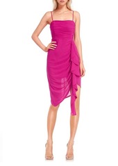 Jewel Badgley Mischka Ruched Ruffle Detail Asymmetric Georgette Sheath Dress