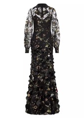 Badgley Mischka Lace & Sequin Bishop-Sleeve Gown