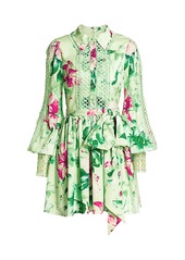 Badgley Mischka Lace-Trimmed Floral Shirtdress