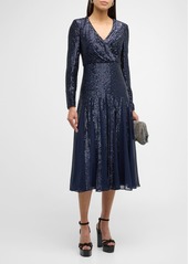 Badgley Mischka Long-Sleeve Sequin Godet Midi Dress