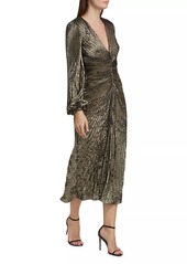 Badgley Mischka Metallic Pleated V-Neck Midi-Dress