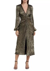 Badgley Mischka Metallic Pleated V-Neck Midi-Dress