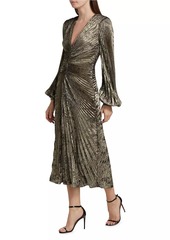 Badgley Mischka Metallic Pleated V-Neck Midi-Dress