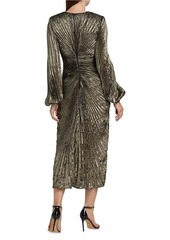 Badgley Mischka Metallic Pleated V-Neck Midi-Dress