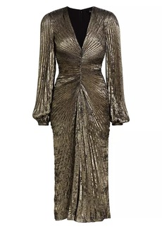 Badgley Mischka Metallic Pleated V-Neck Midi-Dress