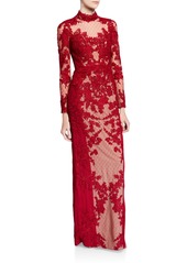Badgley Mischka Mock-Neck Long-Sleeve Point d'Esprit Lace Illusion Gown
